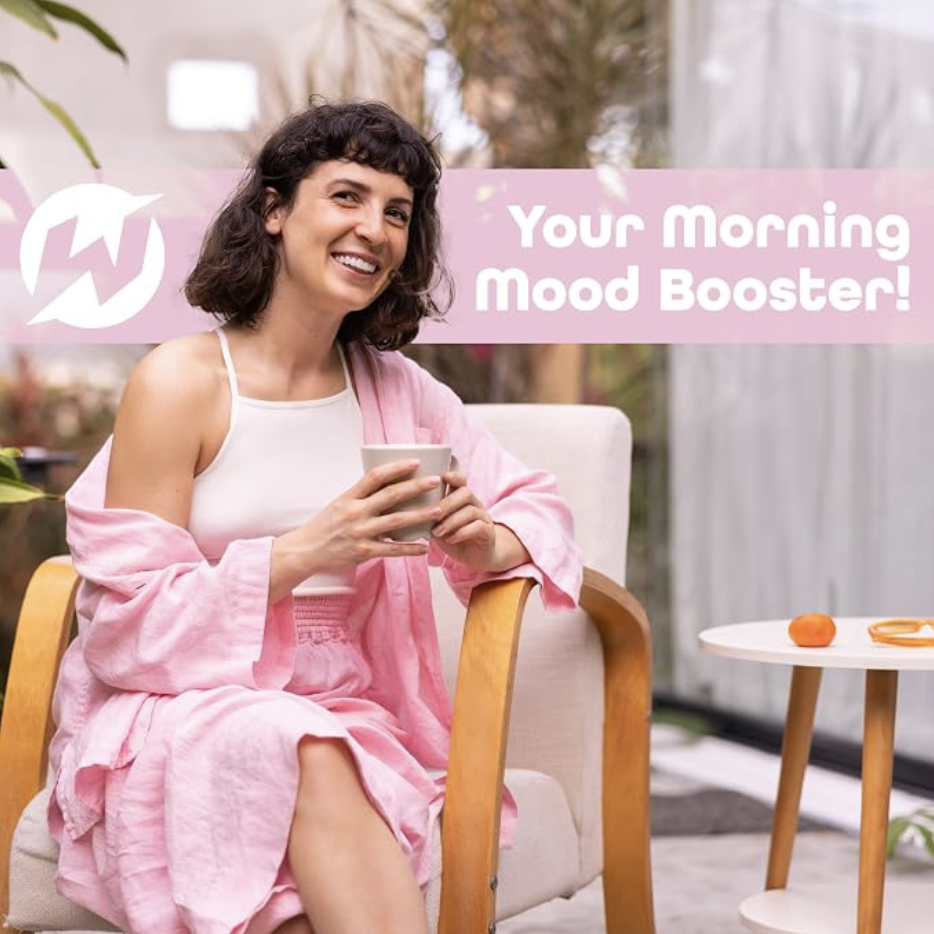 Woman smiling while holding a mug of Wakers HAPPY Coffee